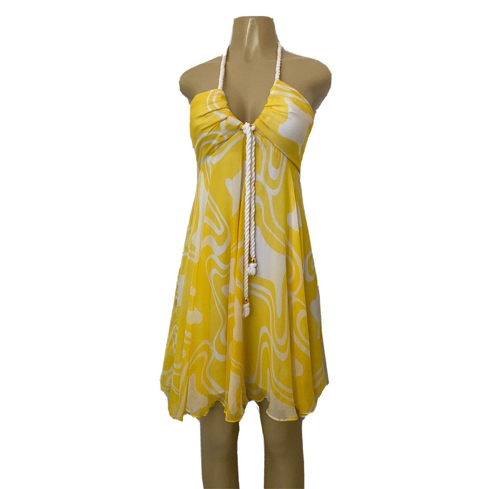 Milly Dress Flare Empire Waist Silk Yellow White Lined Rope Halter Neck …